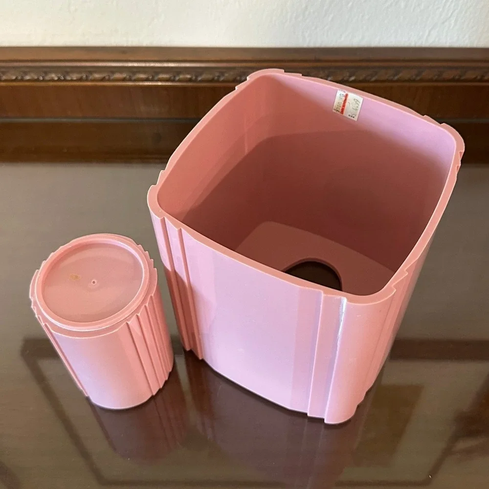 Vintage 80s Pink Plastic Bathroom Set Tissue Box Cover Tumbler Ribbed Art Deco